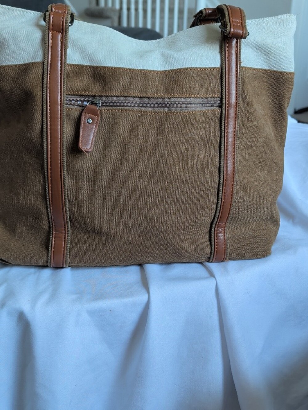 Canvas Tote Laptop Bag in Brown and Cream - Picture 3 of 4